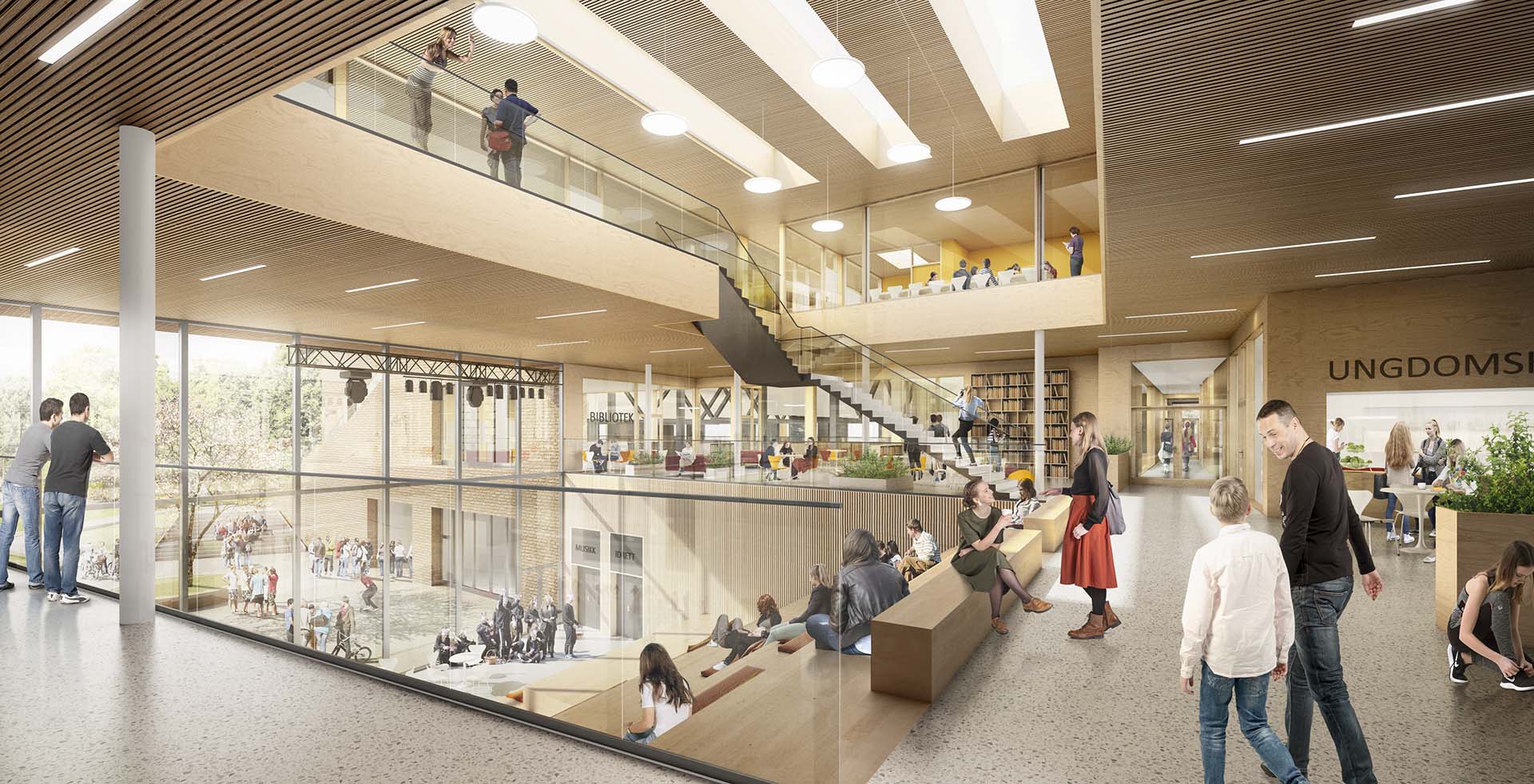 <strong>Treschows gate 16</strong> – Competition Interior of the Lower Secondary School in Sagene Oslo Norway designed by L2 Arkitekter developed by WK Entreprenør and Oslo Municipality featuring students socializing in a bright open space with multi-level seating areas