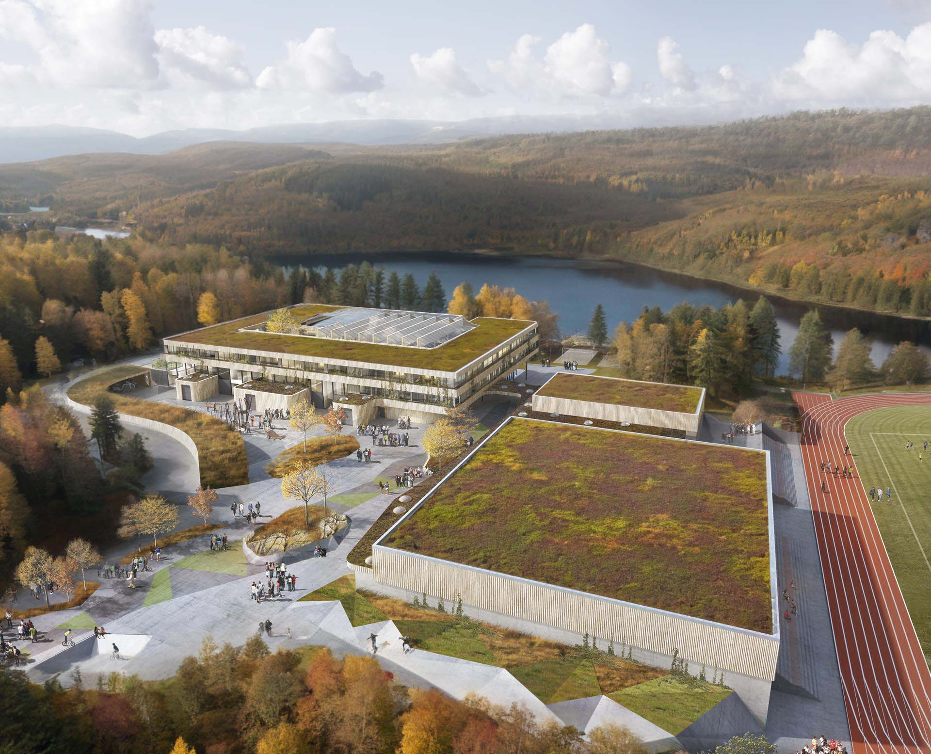 <strong>Tvedestrand Upper Secondary School</strong> Tvedestrand Videregående Skole by Filter Arkitekter features green roofs sports facilities and natural integration in Tvedestrand Norway