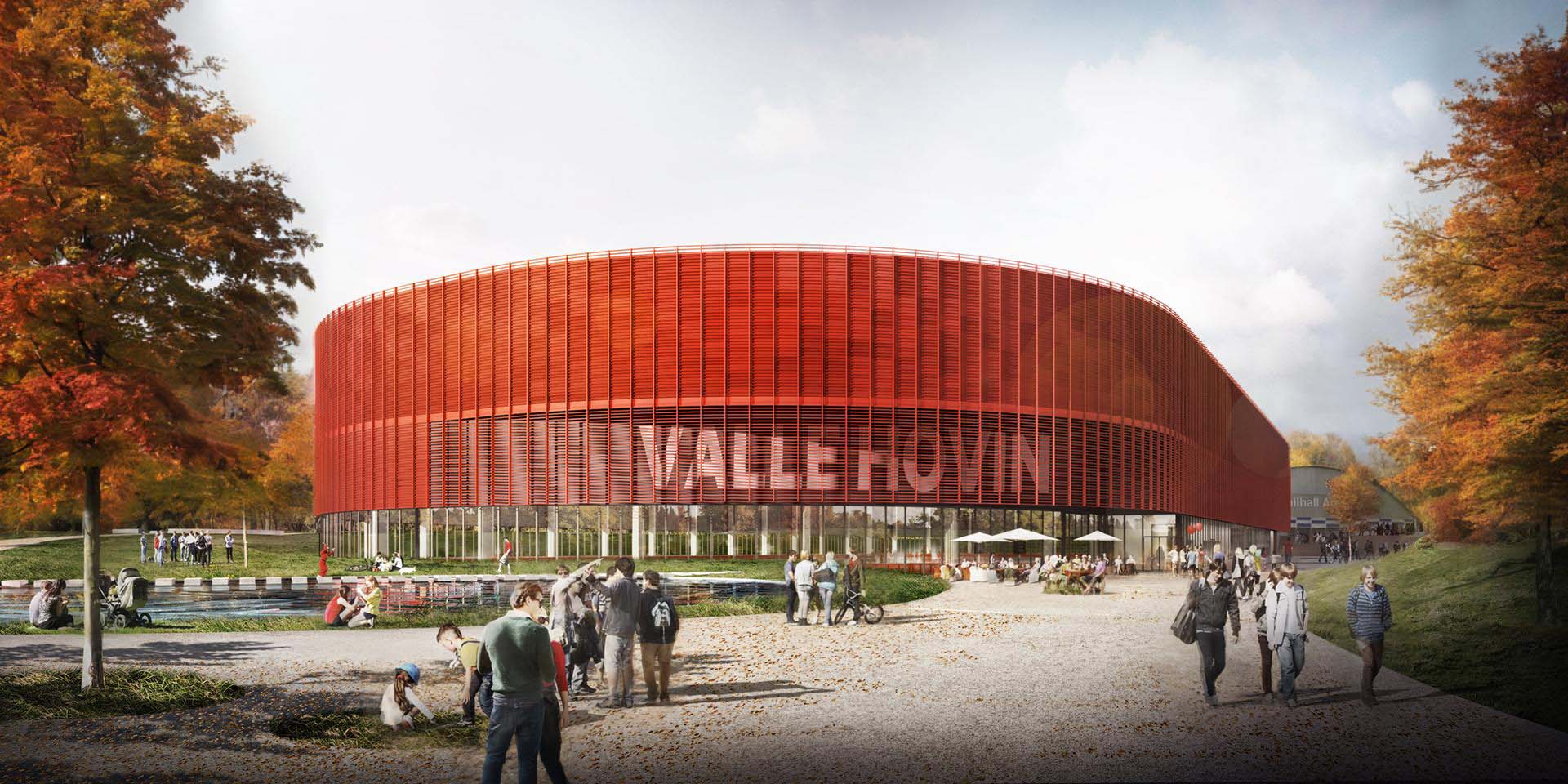 <strong>Valle Hovin Ice Rink</strong> Valle Hovin Ice Rink in Oslo Norway features a curved red facade designed by PIR2 with a vibrant outdoor space for visitors