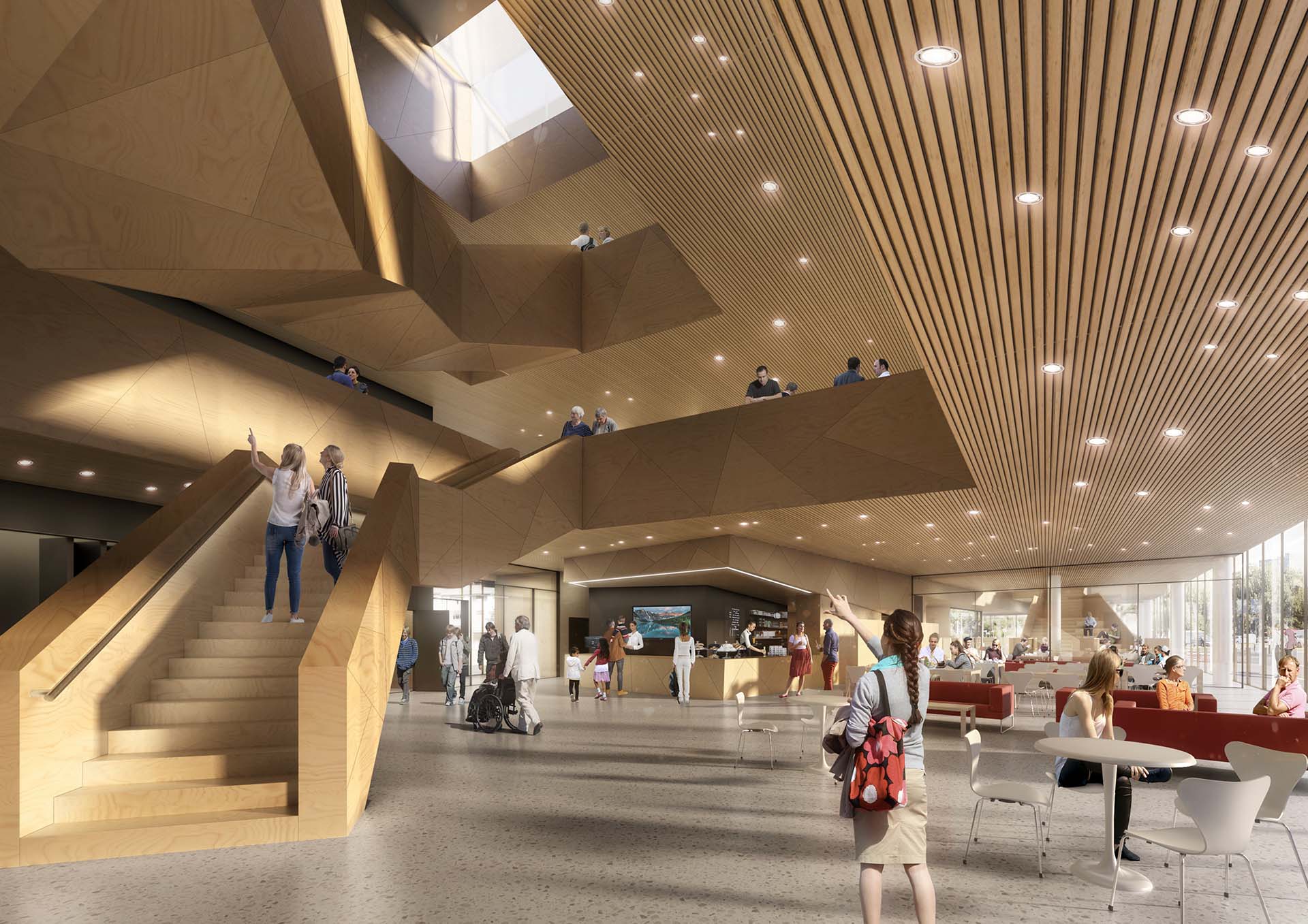 <strong>Vestby Kulturkvartal</strong> Interior of the Cultural Hall in Vestby Norway designed by L2 Arkitekter developed by Vestby Municipality and constructed by AF Gruppen featuring open spaces with seating areas and people engaging in daily activities