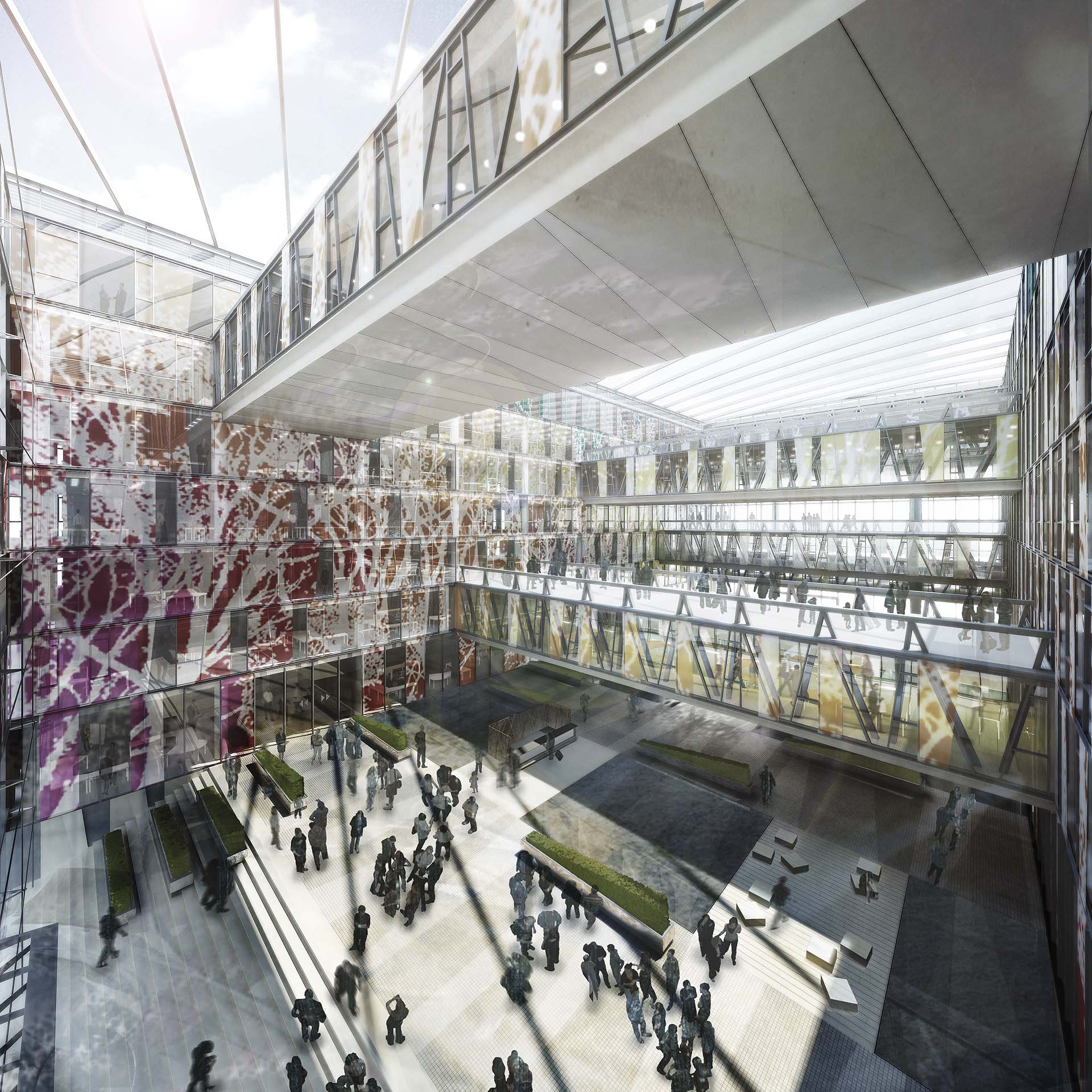 <strong>Amazon Court</strong> Interior atrium of Amazon Court, Prague, featuring glass facades, sky bridges, and natural light for a modern and efficient workspace.