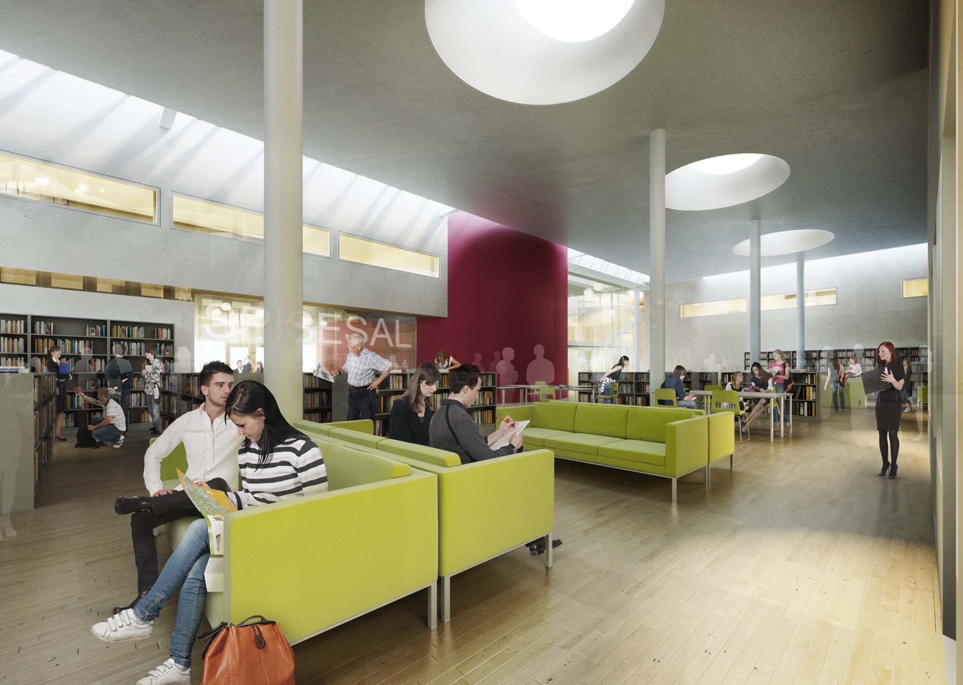 <strong>Aust-Lofoten VGS</strong> Interior view of Aust-Lofoten VGS library in Svolvær, Norway, designed by JR Architects. The space features modern skylights, natural wood flooring, and vibrant green seating areas, with students engaged in reading and discussions.