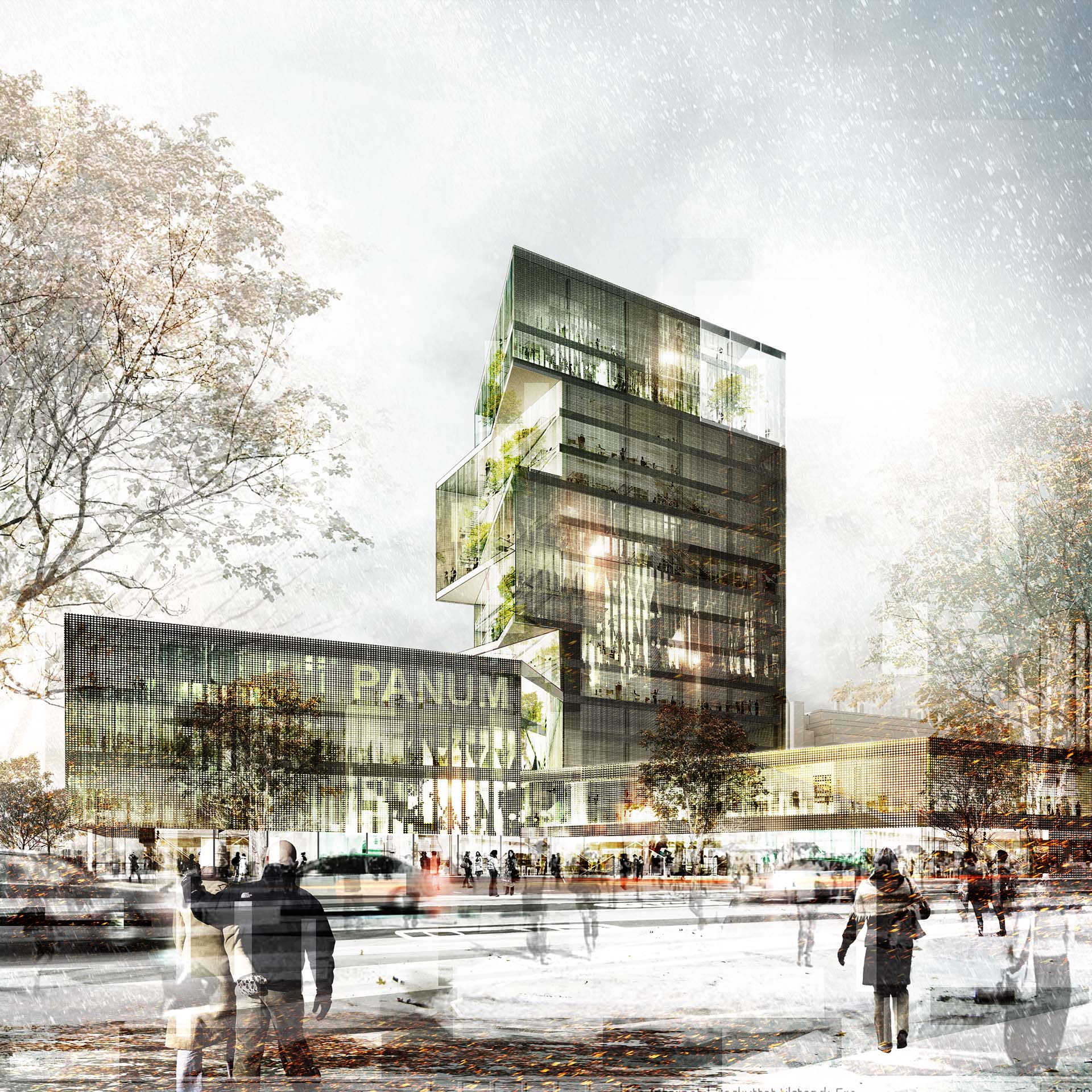 <strong>Panum – Faculty of Health Sciences</strong> A daylight exterior view of Panum - Faculty of Health Sciences in Copenhagen, Denmark. The design features a high-rise glass structure with staggered volumes, integrating green terraces within a modern educational complex.