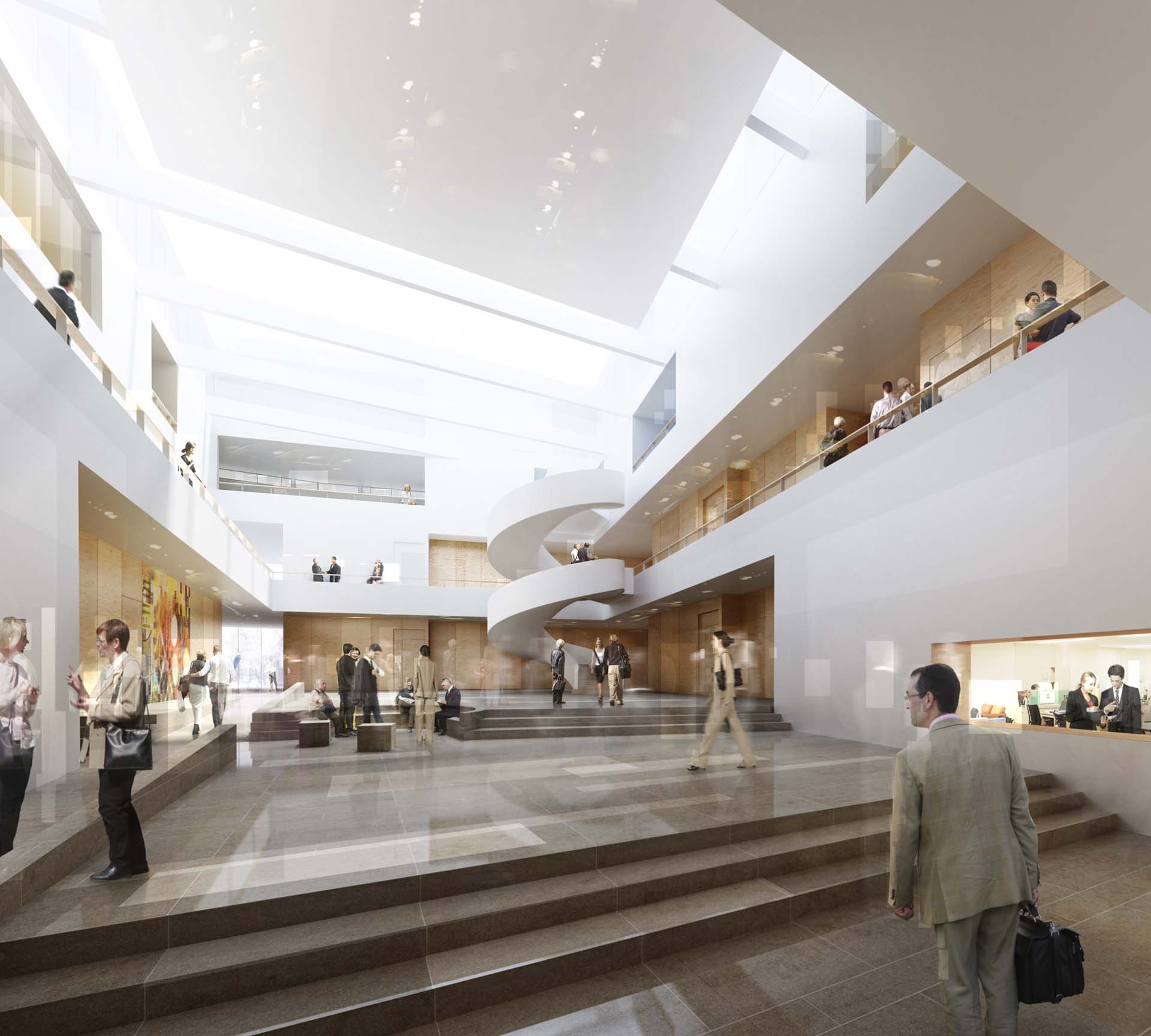 <strong>Roskilde Court</strong> Interior view of Roskilde Court in Denmark, designed by JJW Architects, featuring a spacious atrium with natural light, a sculptural central staircase, and multiple levels of walkways.