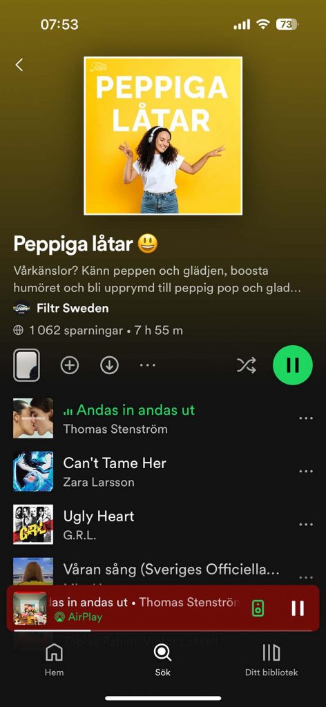Skärmdump på peppande musik från Spotify.