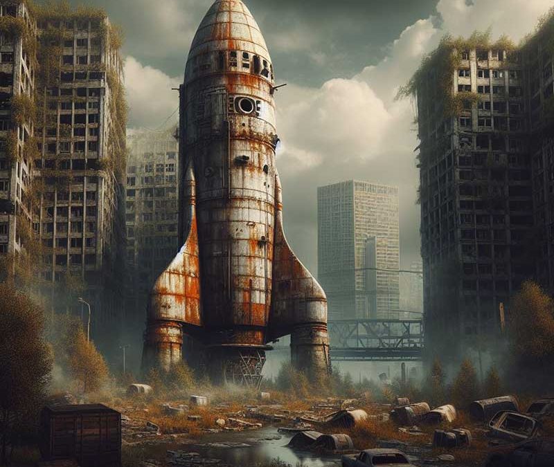 En rymdraket i ett dystopiskt landskap.