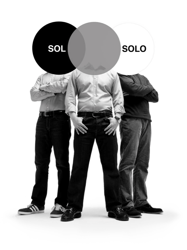 Personal branding artwork from the Sol Solo project by Carlos Simpson Design Studio – three symbolic businessmen representing identity, visibility, and individuality in professional branding.