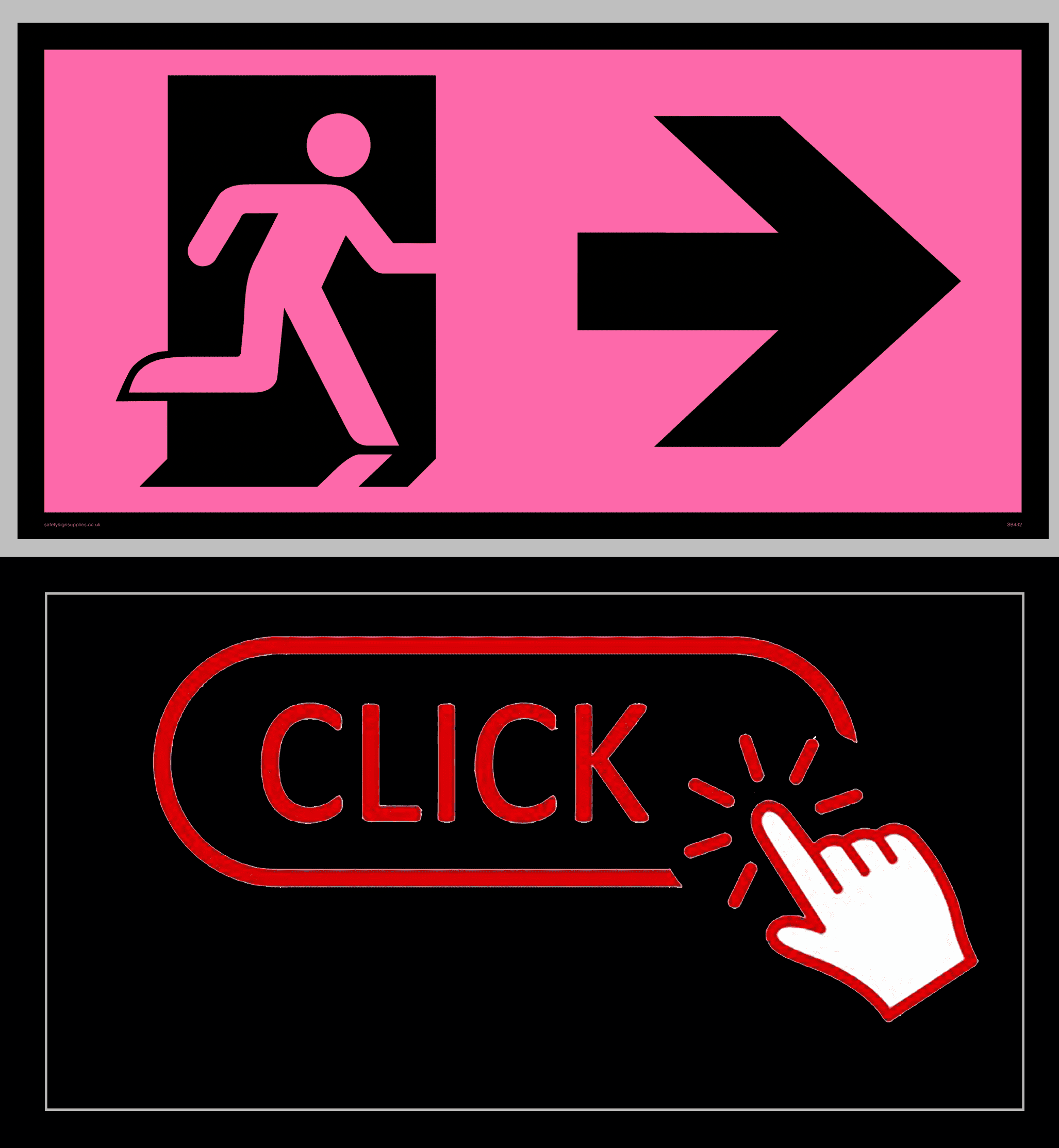Carlos Simpson Politics Design visual: A bright pink emergency exit figure with a bold black arrow above a black panel featuring a red “CLICK” button and a stylized pointing hand. A striking commentary on digital urgency, obedience, and the escape culture of the modern world.
