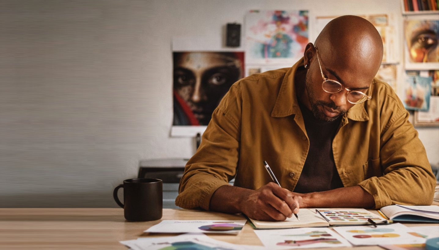 Carlos Simpson sketching ideas at his desk during the creative design process.