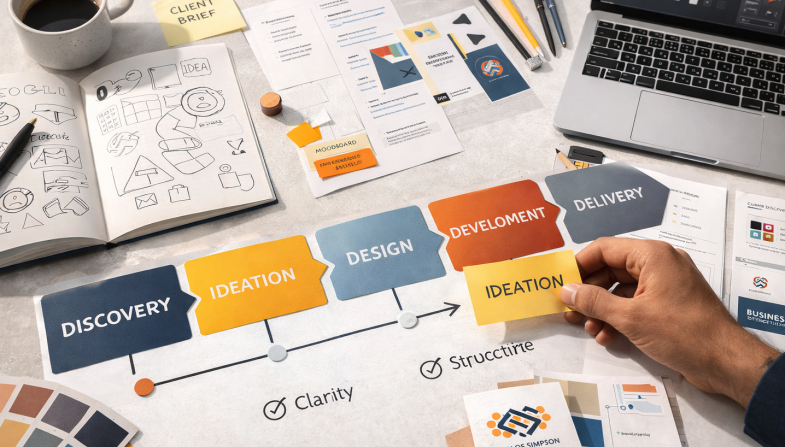 Brand identity system with logo guidelines, colour palettes, typography, and business materials demonstrating structured organisational branding.