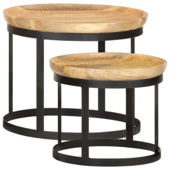 2 Round Side Tables - Solid Mango Wood and Steel