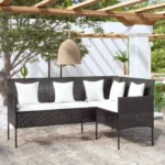 Poly Rattan L-shaped Sofa with Cushions - Black