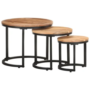 3 Side Tables With Solid Acacia Wood & Iron Base