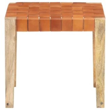 Light Brown Real Leather Stool - Mango Wood - 50 x 50 x 45cm