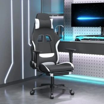 Gaming Chair With Footrest - Black And White Fabric