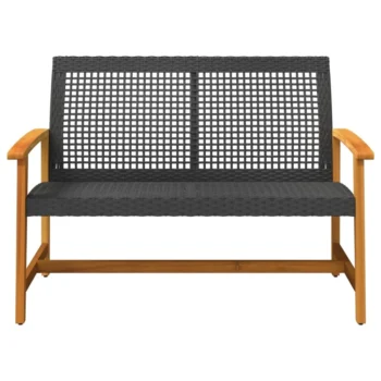 Poly Rattan and Acacia Wood Garden Bench - Black - 112 x 64 x 80cm