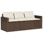 Poly Rattan 3-Seater Garden Sofa with Cushions - Brown