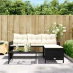 PE Rattan Garden Sofa with Table & Cushions - L-Shaped - Black