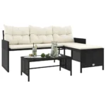 PE Rattan Garden Sofa with Table & Cushions - L-Shaped - Black