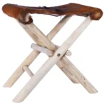 Folding Stool Real Leather And Solid Teak Wood