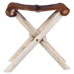 Folding Stool Real Leather And Solid Teak Wood