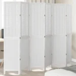 6 Panel Room Divider - Solid Paulownia Wood - White - 210-215 x 180cm