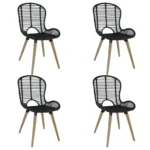 4 Natural Rattan Dining Chairs With Wooden Legs - Black