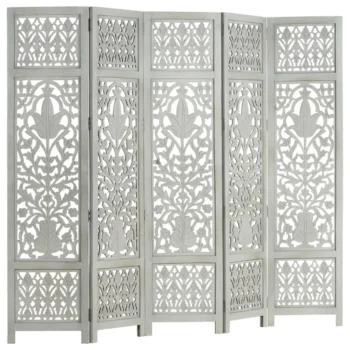 Panel Room Divider - Solid Mango Wood - Hand Carved - Grey - 200 x 165cm