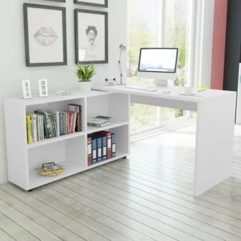 Modern Computer Corner Desk - 4 Shelves - White - 130 x 60 x 75cm