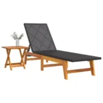 PE Rattan Sun Lounger - Acacia Wood - Black - 200 x 54 x 87cm