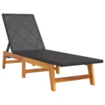PE Rattan Sun Lounger - Acacia Wood - Black - 200 x 54 x 87cm
