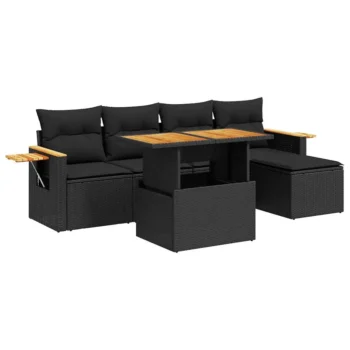 Poly Rattan Garden Sofa With Table & Cushions - Acacia Wood - Black
