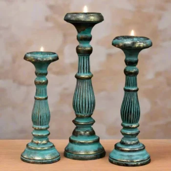 Handmade Albesia Wood Candle Stand - Turquoise - 3 Sizes