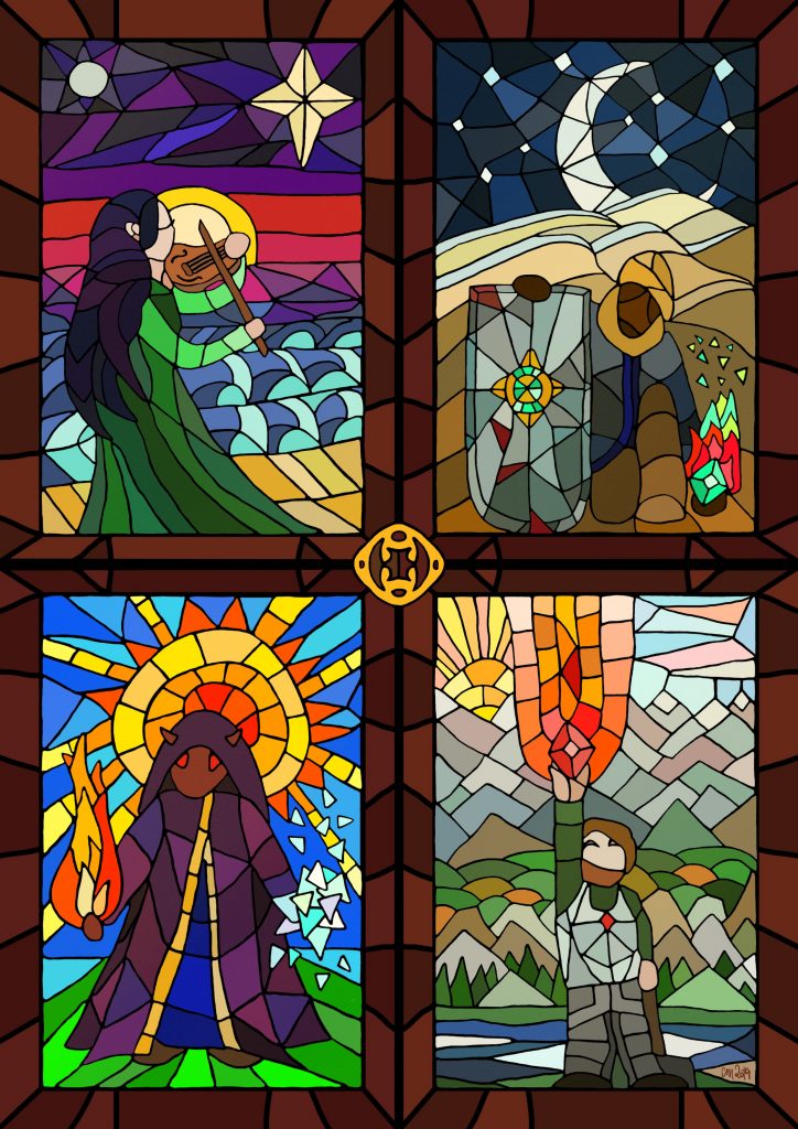 4 panel stained glass window, showing four heroes in their elements