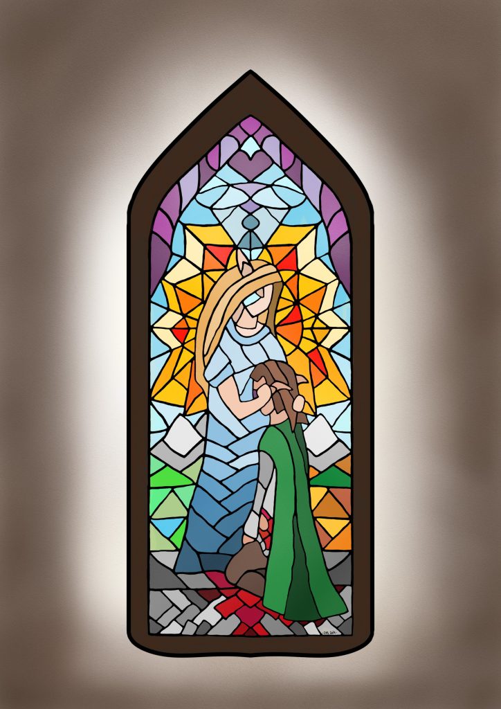 A stained glass window, showing a weeping woman embracing a wounded woman