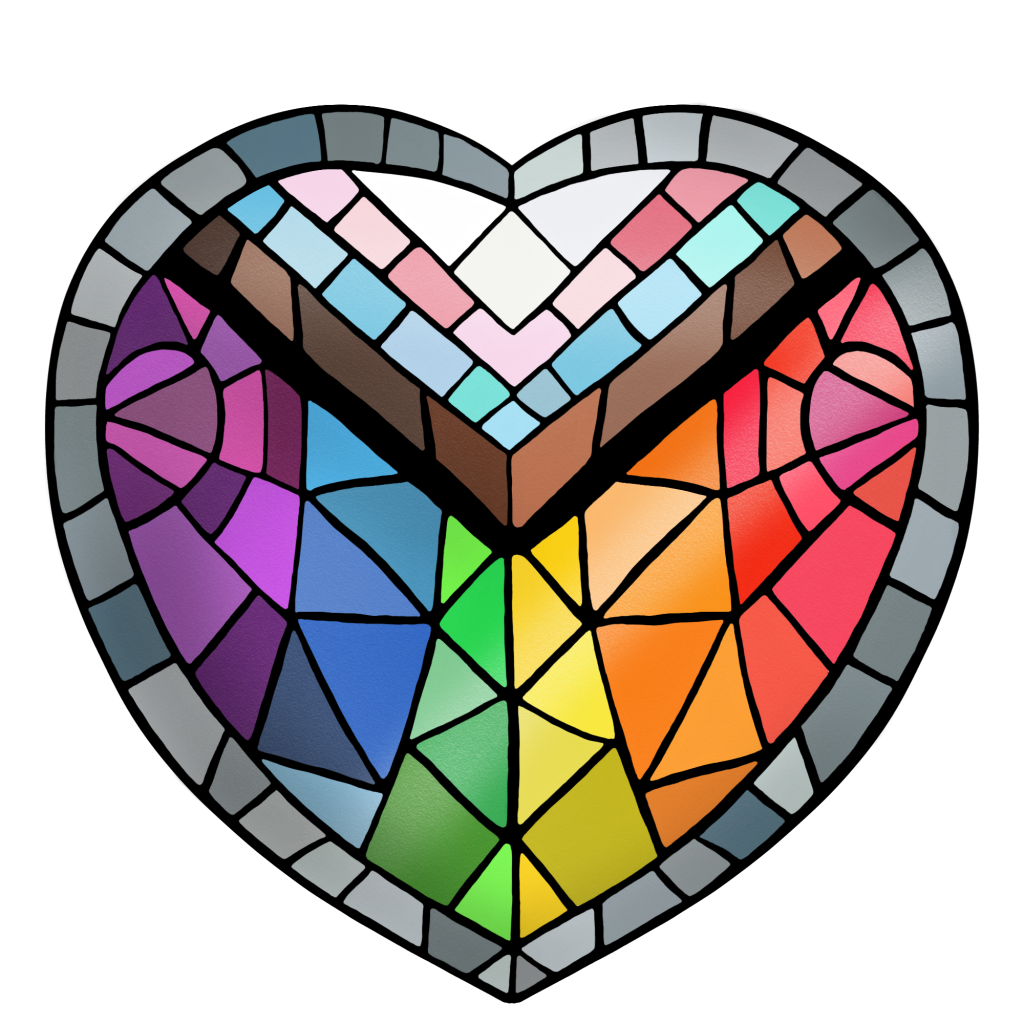 A stained glass style painting of a heart shaped inclusive pride flag