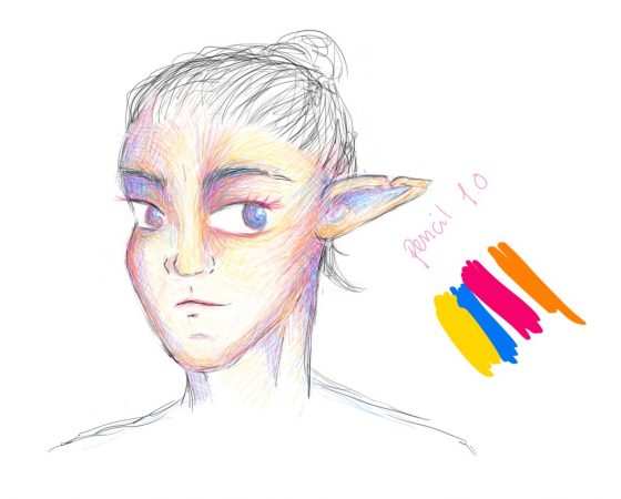A sketch of a face, colored with bright yellow, blue, warm pink and orange
