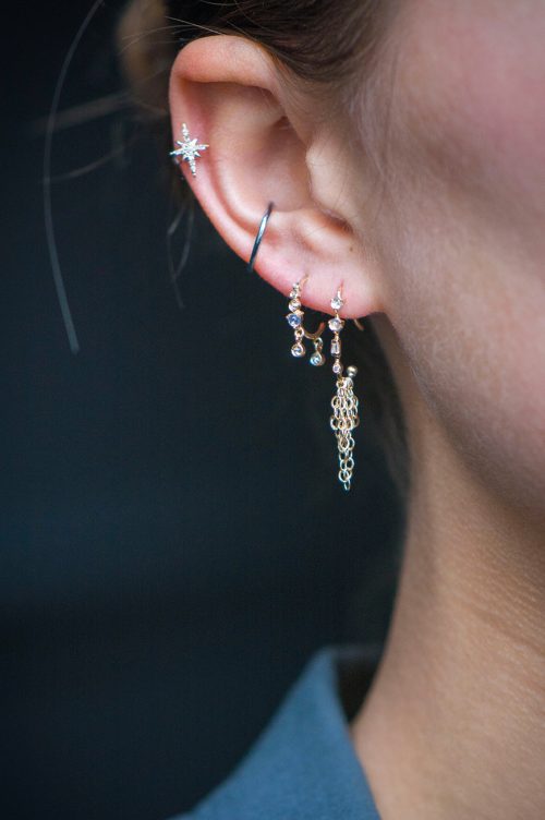 Celine Daoust Constellation Moonstone with reversed setting dangling diamonds Hoop Earrings