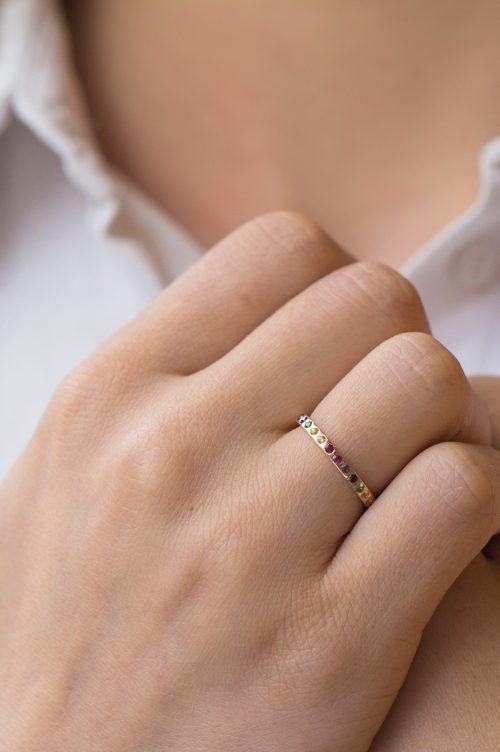 yellow gold rainbow gemstones flush setting ring celine daoust