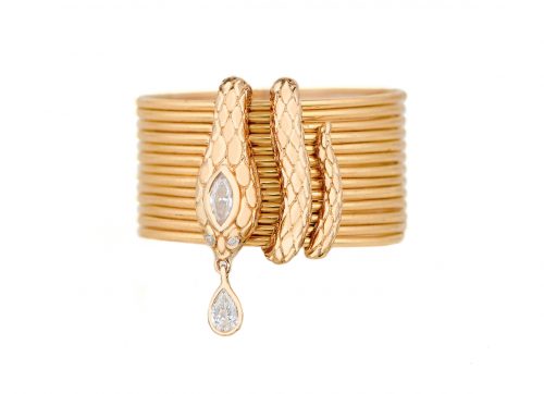 Celine Daoust Multiple rings Snake with Pear Diamond and Dangling Diamond.