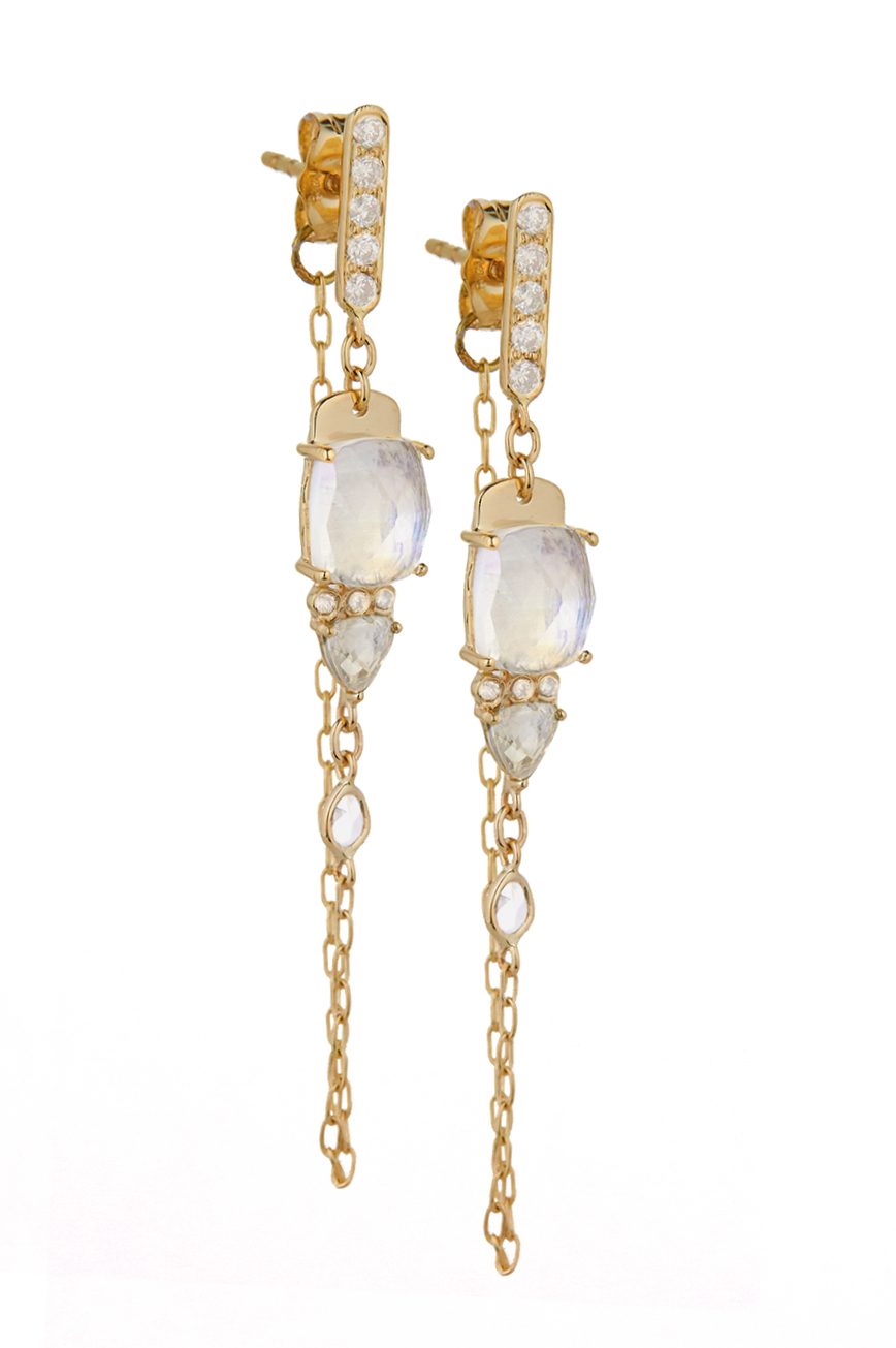 Celine Daoust One of a Kind Moonstone and diamonds rose cut with chain Earrings