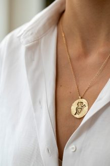 Celine Daoust Protection and Believes Yellow Gold Medal Diamonds and Dangling Heart Necklace