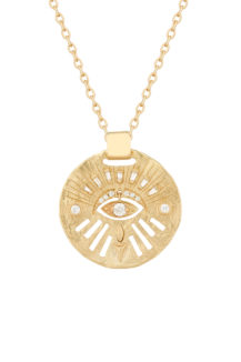 Celine Daoust Protection and Believes Yellow Gold Medal Diamonds and Dangling Eye Necklace