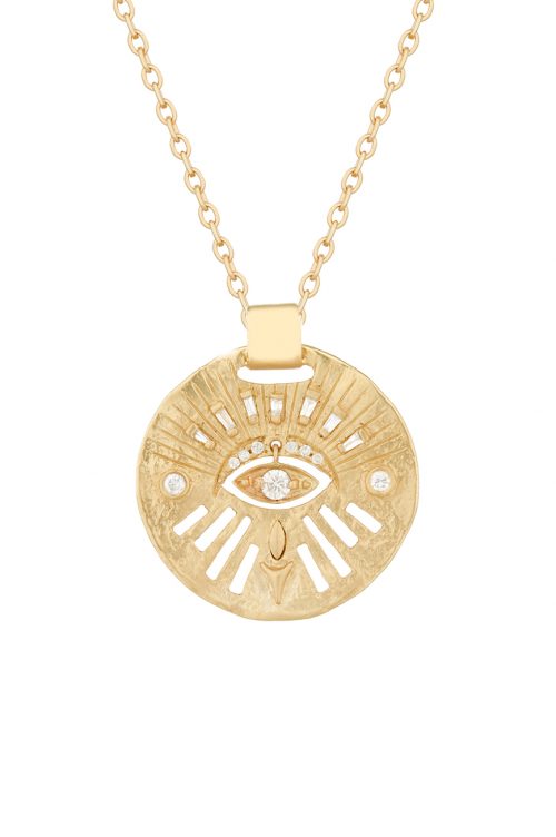 Celine Daoust Protection and Believes Yellow Gold Medal Diamonds and Dangling Eye Necklace