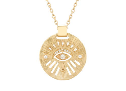 Celine Daoust Protection and Believes Yellow Gold Medal Diamonds and Dangling Eye Necklace