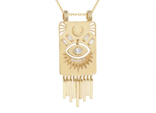 Celine Daoust Guardian Spirit Yellow Gold Plate Diamonds and Dangling Eye Diamond Totem Chain Necklace