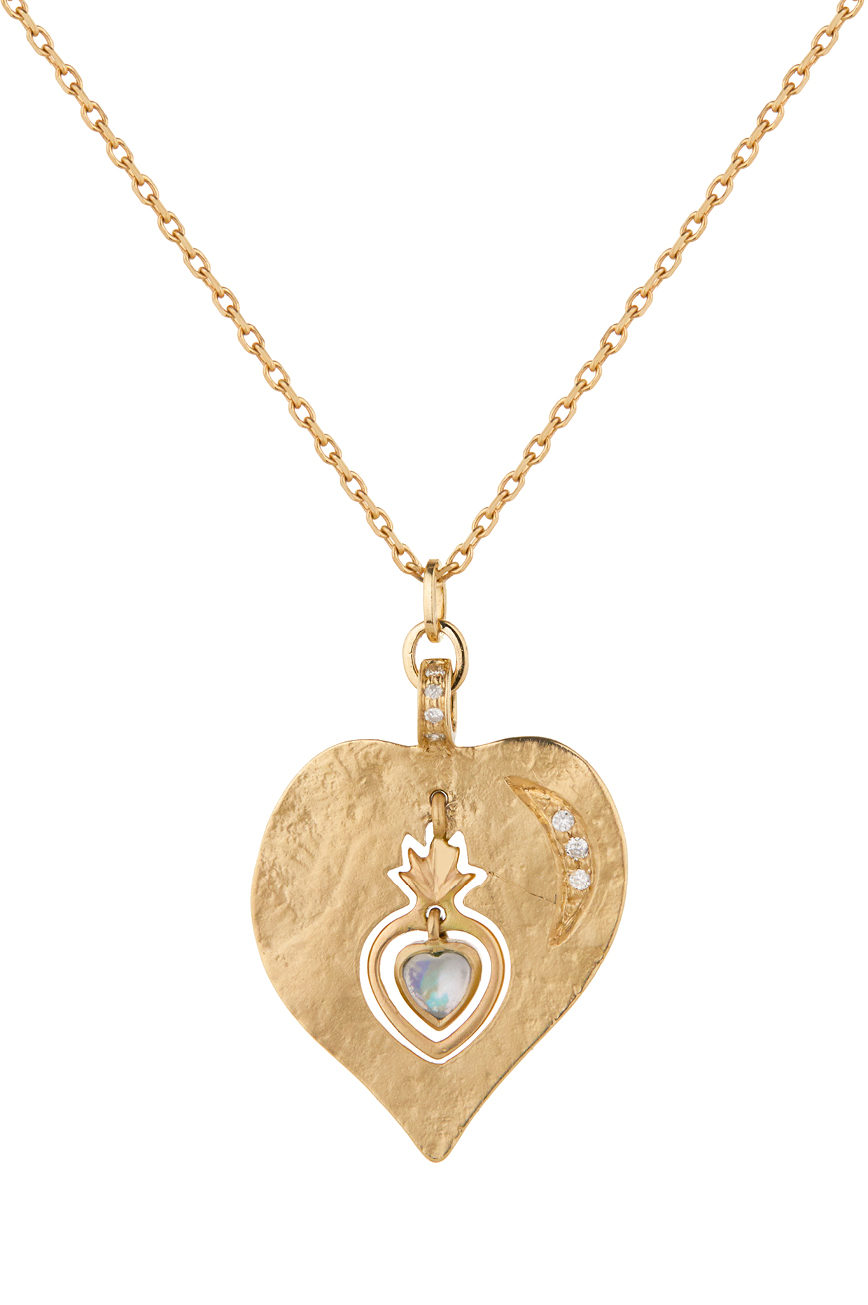 Celine Daoust Guardian Spirit Yellow Gold Heart with Moonstone Heart on fire and Diamonds