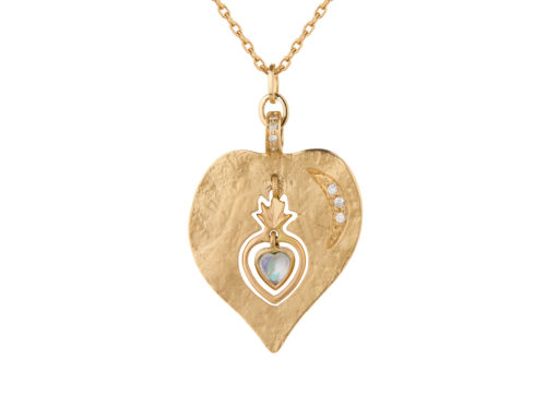 Celine Daoust Guardian Spirit Yellow Gold Heart with Moonstone Heart on fire and Diamonds