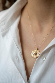Celine Daoust Protection and Believes Yellow Gold Medal Diamonds and Dangling Star Necklace