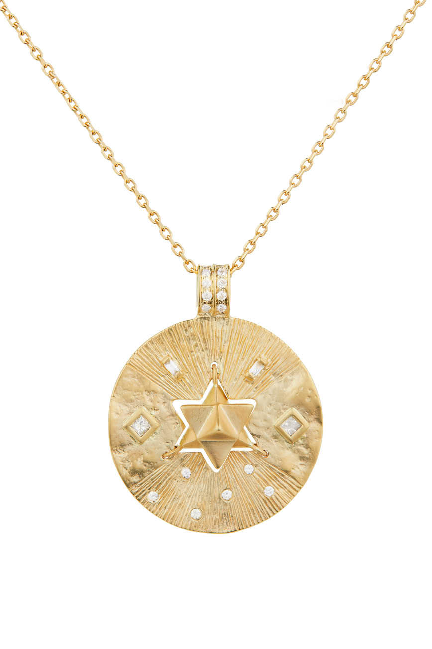 Celine Daoust Protection and Believes Yellow Gold Medal Diamonds and Dangling Star Necklace